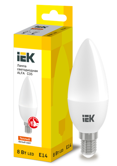 Лампа LED ALFA C35 свеча 8Вт 230В 3000К E14 IEK