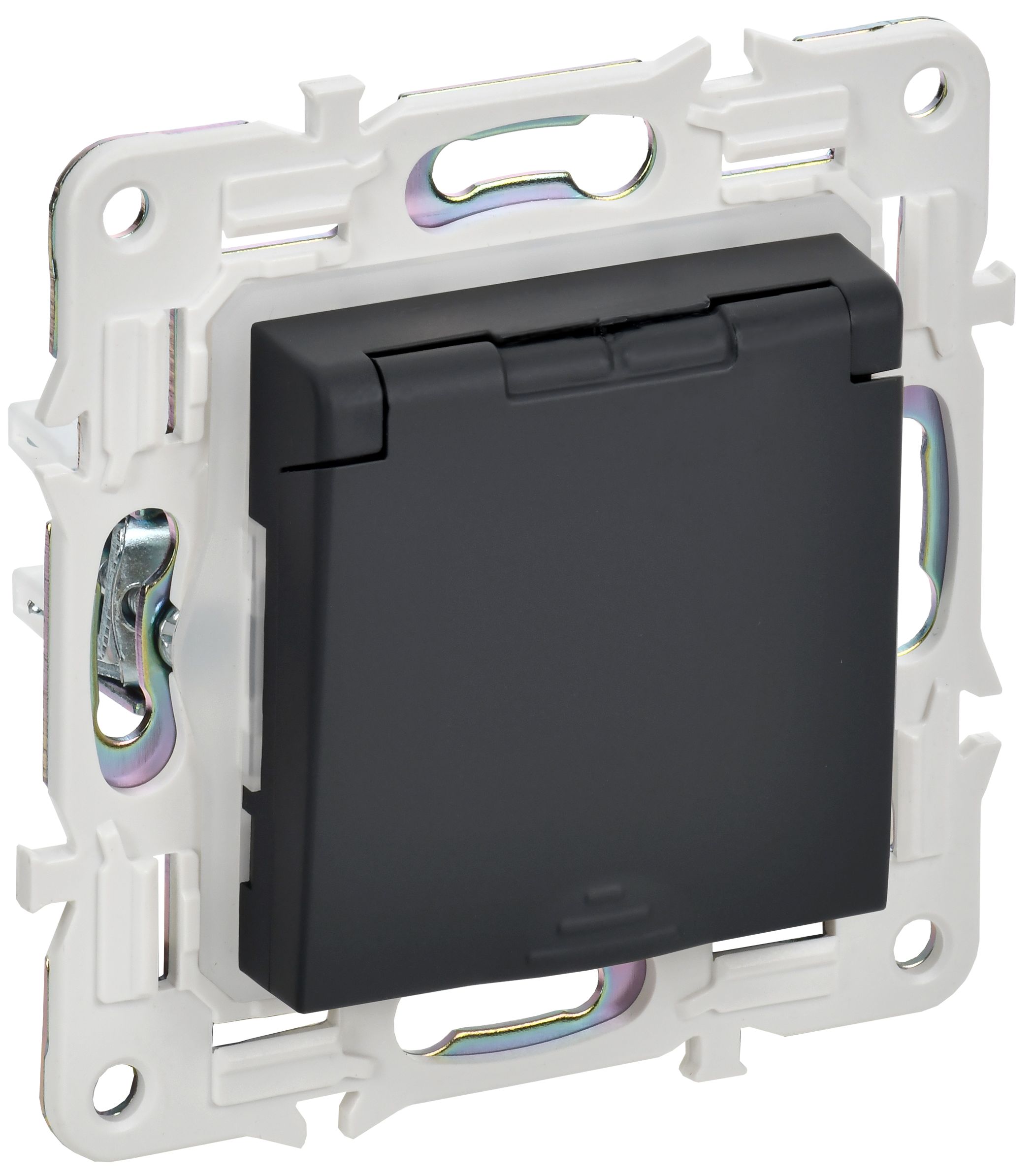 SKANDY Розетка 1-местная с заземлением с защитными шторками и крышкой 16А IP44 SK-R11G графит IEK