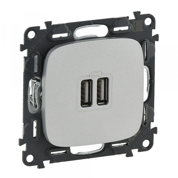 Legrand Valena ALLURE Алюм Розетка 2-ая USB 240В/5В 1500мА (с лицевой панелью)