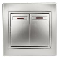 1-105-03 Intro Выключатель двойной с подсветкой, 10А-250В, IP20, СУ, Plano, алюминий (10/200/2400)