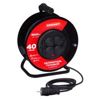 Удлинитель силовой КГ на катушке 4 гнезда, с/з, 40м, 3х2,5мм², IP44 с выключателем, c защитными крышками, металлическая катушка REXANT