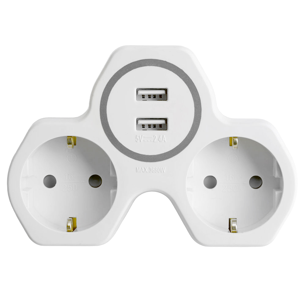 Разветвитель сетевой 2-местный с/з STEKKER ADP16-14-20, 250V, 16A и 2-мя USB выходами на 2,4А, огнеустойчивый пластик, белый/серый STEKKER ADP16-14-20