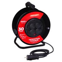 Удлинитель силовой КГ на катушке 4 гнезда, с/з, 30м, 3х2,5мм², IP44 с выключателем, c защитными крышками, металлическая катушка REXANT