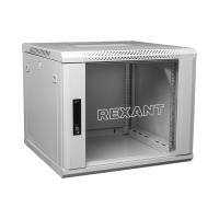 Настенный шкаф 19" 9U 600×600×501 (ШxГxВ), дверь стекло, металлическая задняя стенка, боковые съемные стенки, RAL 7035 REXANT