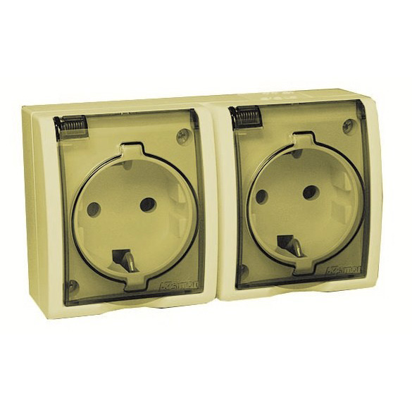 Розетка двойная 2Р+Е Schuko с крышками полупр.  IP54  16А 250В  винтовой зажим  S15A  слоновая кость