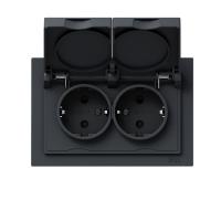 Механизм розетки двойной, 16А, IP44, с заземлением, со шторками, с рамкой, с крышками, графит Эпика EKF