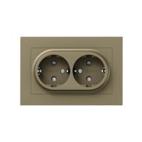 Механизм розетки двойной, 16А, с заземлением, со шторками, с рамкой, шампань Эпика EKF
