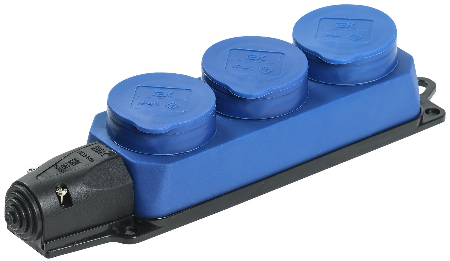 Розетка (колодка) 3-местная РБ33-1-0м с защитными крышками IP44 ОМЕГА каучук синяя IEK