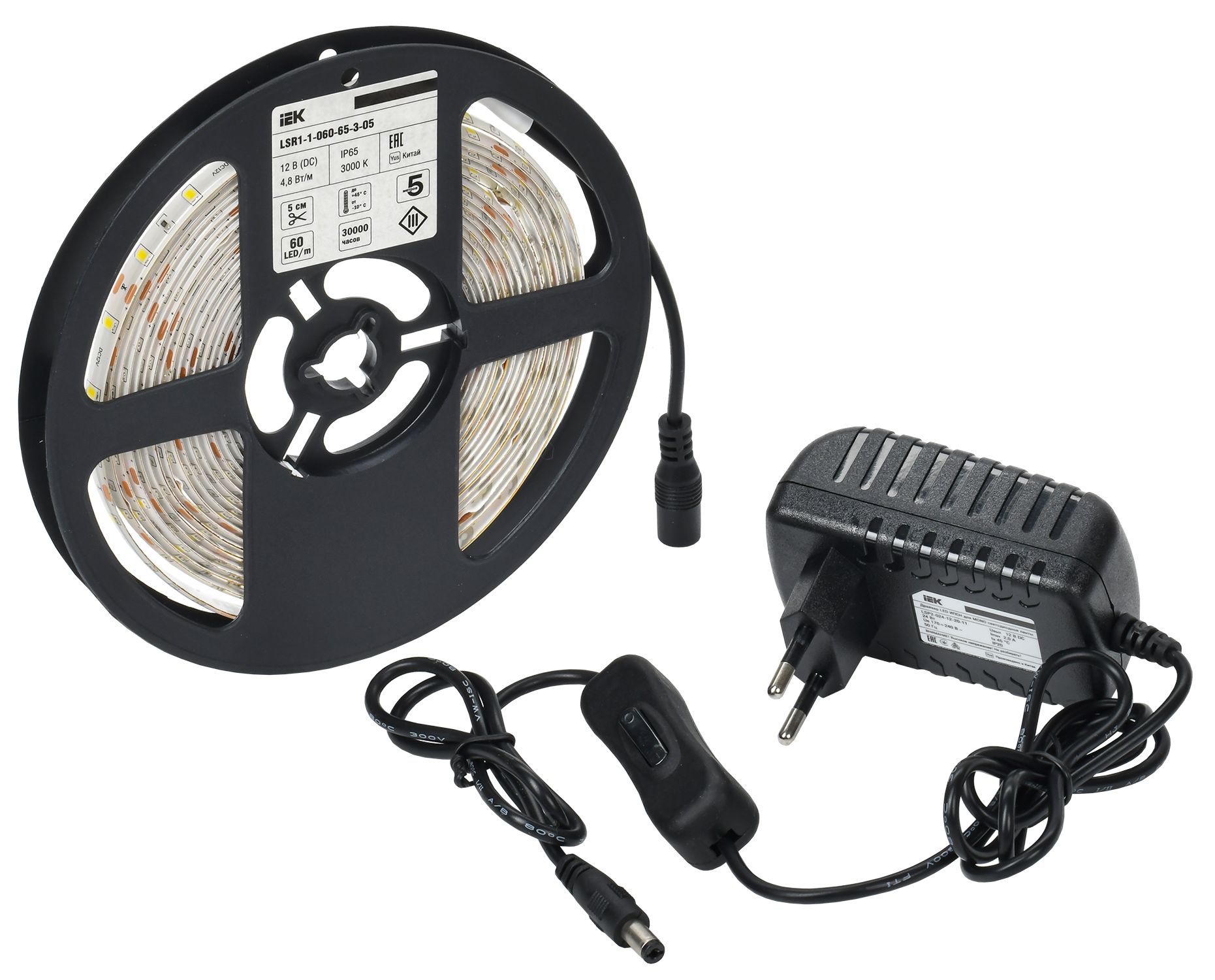 Комплект светодиодной подсветки "Сделай сам" (лента LED 5м LSR-2835WW60-4,8-IP65-12В + драйвер + выключатель) IEK