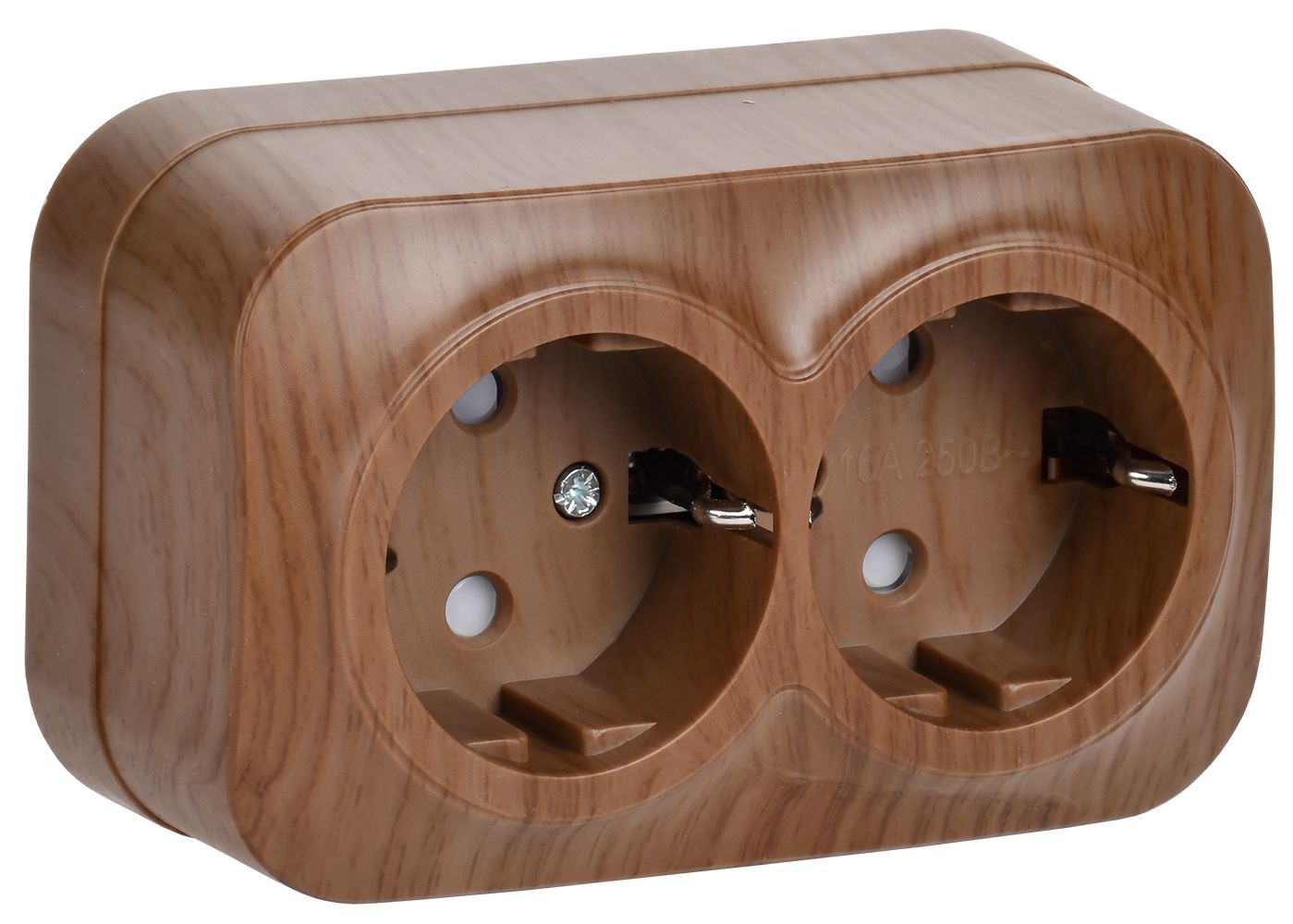 Розетка двухместная для открытой установки РСш22-3-ХД с заземлением и защитной шторкой 16А GLORY дуб IEK