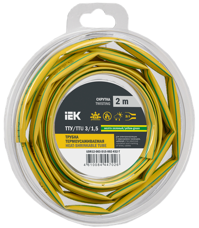 Трубка термоусадочная ТТУ нг-LS 3/1,5 желто-зеленая (2м/упак) IEK