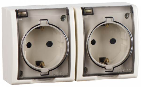 Розетка двойная 2Р+Е Schuko со шторками с кры.  IP54  16А 250В  винтовой зажим  S15A  слоновая кость