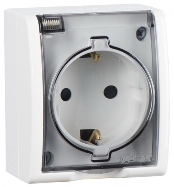 Розетка 2Р+Е Schuko со шторками с крышкой полупр.  IP54  16А 250В  винтовой зажим  S15A  белый