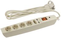 Сетевой фильтр ЭРА  SFU-5es-2m-I с надежной защитой с заземлением с выключателем 5 розеток 2xUSB 2м 10А слоновая кость