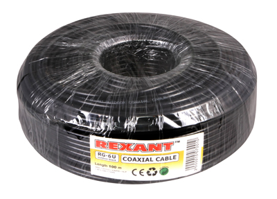 Кабель коаксиальный RG-6U, 75Ом, CCS/Al/Al, 64%, 100м, OUTDOOR, черный REXANT