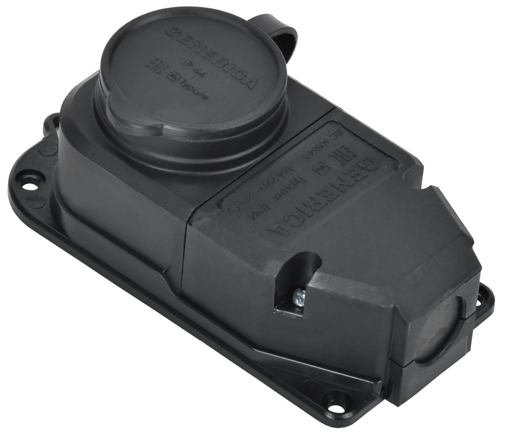 Розетка (колодка) с защитной крышкой 16А IP44 каучук черная GENERICA