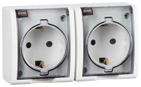 Розетка двойная 2Р+Е Schuko со шторками с крышкой полупр.  IP54  16А 250В  винт.зажим  S15A  белый