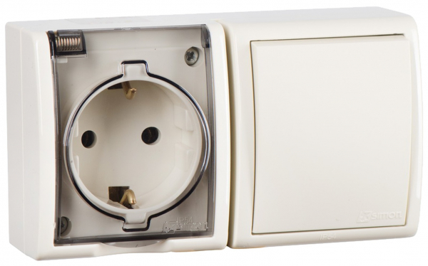 Блок  розетка 2P+E Schuko 16А 250В + выключатель 10А 250В  IP54  слоновая кость