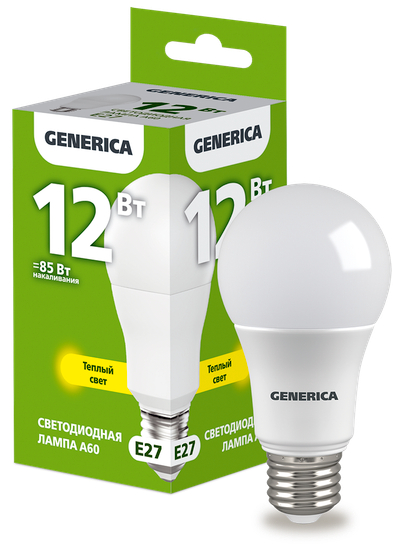 Лампа LED A60 груша 12Вт 230В 3000К E27 GENERICA