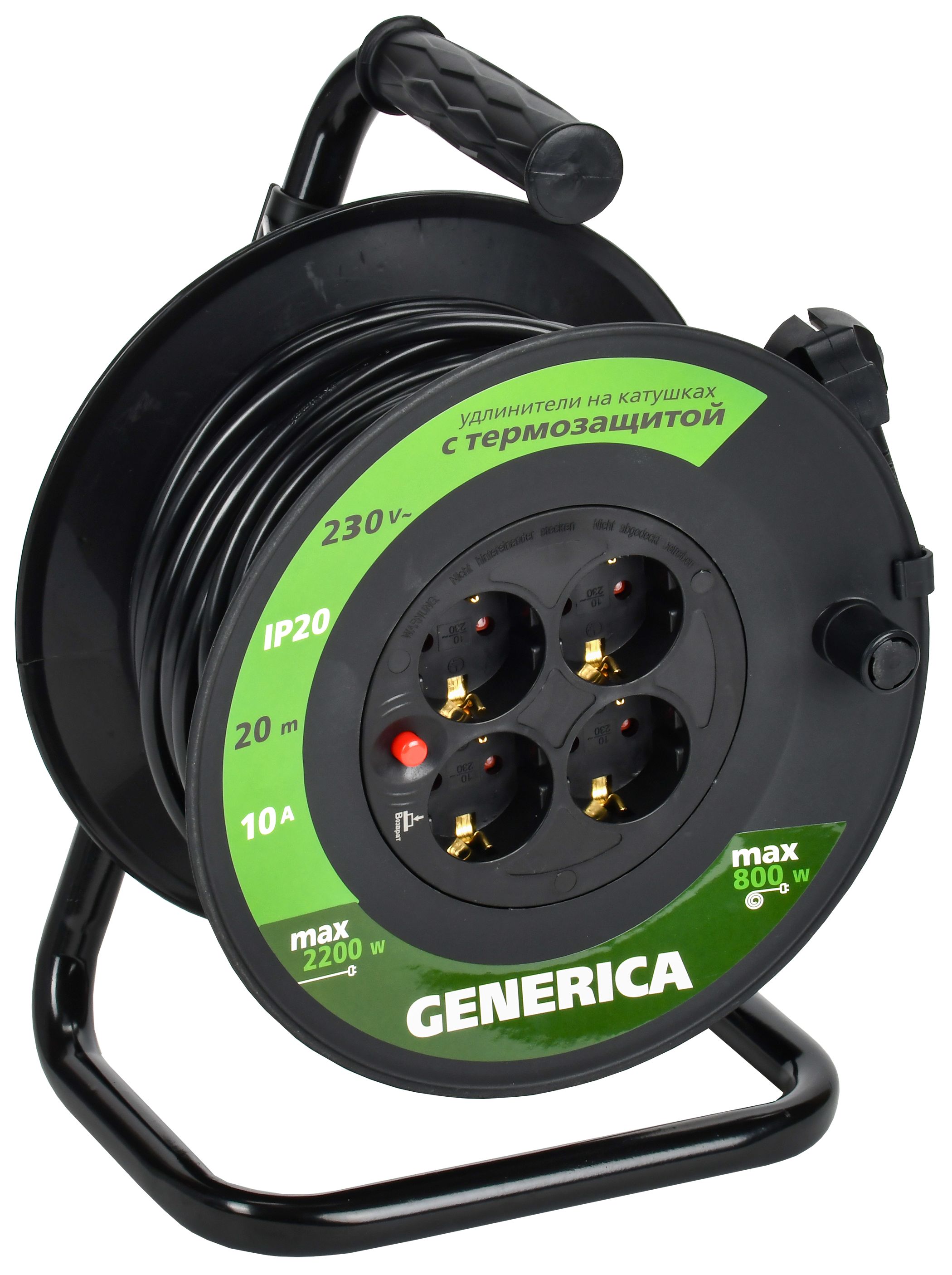 Катушка УК20 с термозащитой 4 места 2P+PE/20м 3х1,0мм2 GENERICA