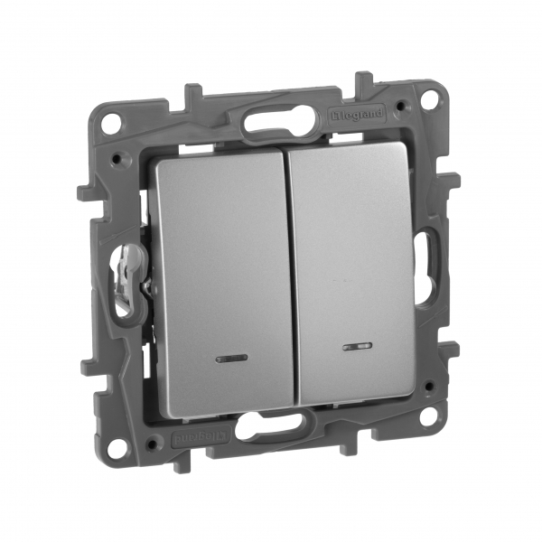 Legrand Etika Алюм Выключатель 2-клавишный с подсветкой/индикациейавт  авт.клеммы  10 AX  250 В