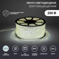Лента светодиодная 220В, SMD3014, 9,6Вт/м, 120 LED/м, Холодный белый, 6х10,6мм, 100м, с кабелем питания, IP67 NEON-NIGHT