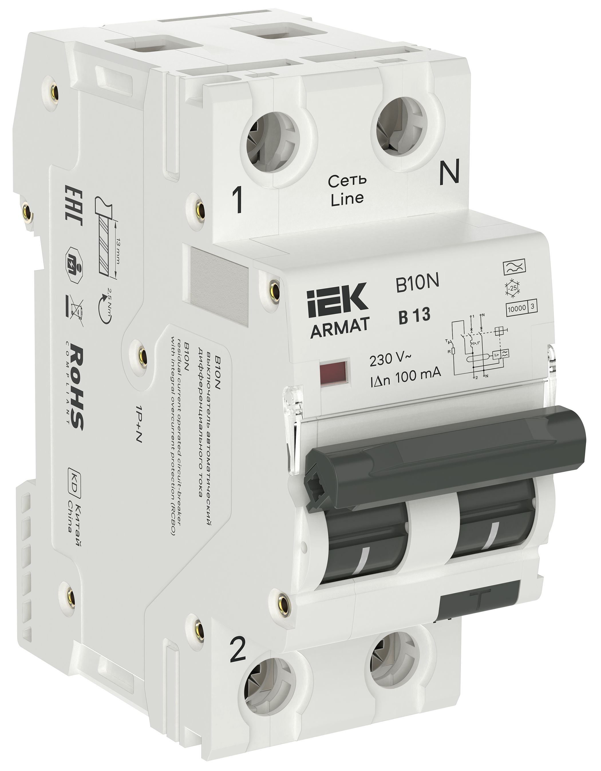 ARMAT Автоматический выключатель дифференциального тока B10N 1P+NP B13 100мА тип A (36мм) IEK