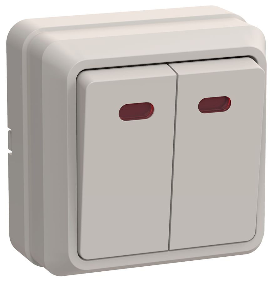 Выключатель 2-клавишный для открытой установки с индикацией ВС20-2-1-ОКм 10А ОКТАВА кремовый IEK