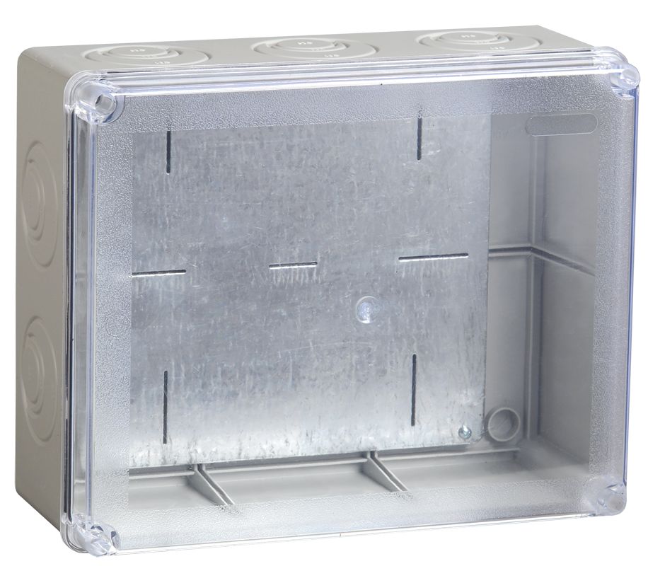 Коробка распаячная КМ41346 для открытой проводки 240х195х90мм с монтажной платой с прозрачной крышкой IP55 5 вводов серая IEK