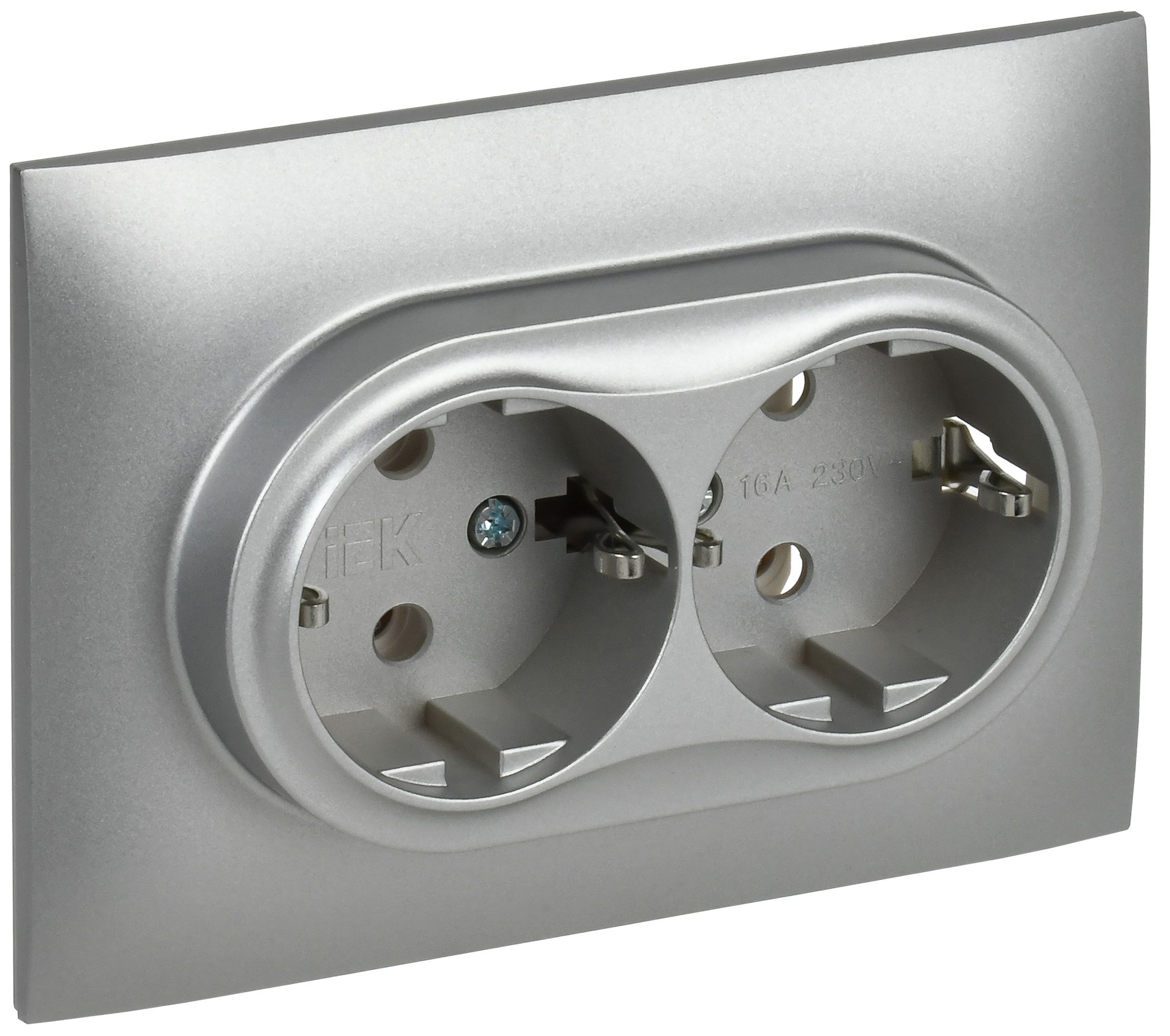 SKANDY Розетка 2-местная с заземлением без защитных шторок 16А в сборе SK-R08S серебряный IEK