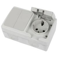 Блок: розетка 1-местная с/з + выключатель 2-клавишный STEKKER, PST16-21-54/10-221-54, белый/серый