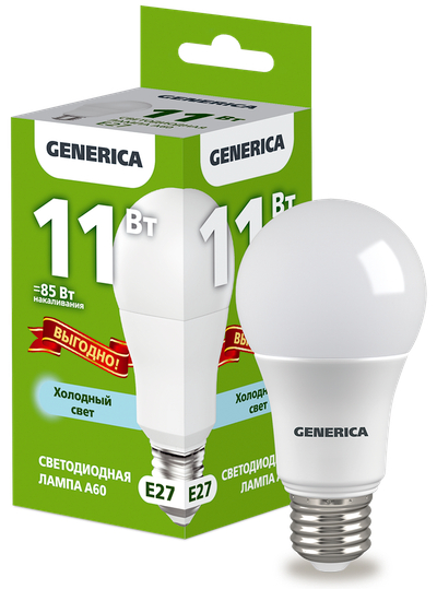 Лампа LED A60 груша 11Вт 230В 6500К E27 ПРОМО GENERICA