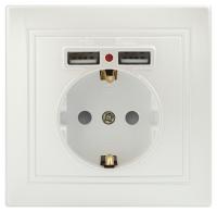 Розетка Intro Plano 1-410-06 с заземлением 2P+E Schuko со шторками, 16А-250В + 2хUSB 5В-2,1А, IP20, СУ, перламутр