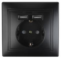 Розетка Intro Plano 1-410-05 с заземлением 2P+E Schuko со шторками, 16А-250В + 2хUSB 5В-2,1А, IP20, СУ, антрацит