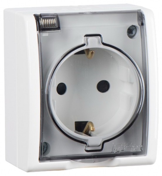 Розетка 2Р+Е Schuko с крышкой полупр.  IP54  16А 250В  винтовой зажим  S15A  белый