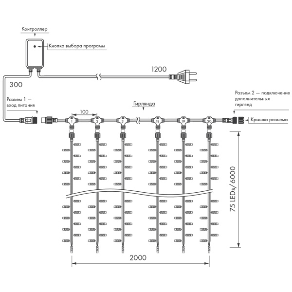 Светодиодная гирлянда ARD-CURTAIN-CLASSIC-2000x6000-CLEAR-1500LED-WATERFALL Warm (230V, 180W) (Ardecoled, IP65)
