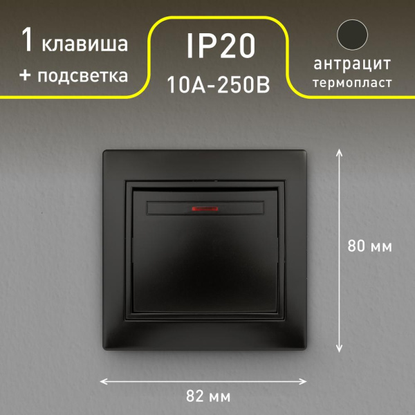 Выключатель Intro Plano 1-102-05 одноклавишный с подсветкой, 10А-250В, IP20, СУ, антрацит