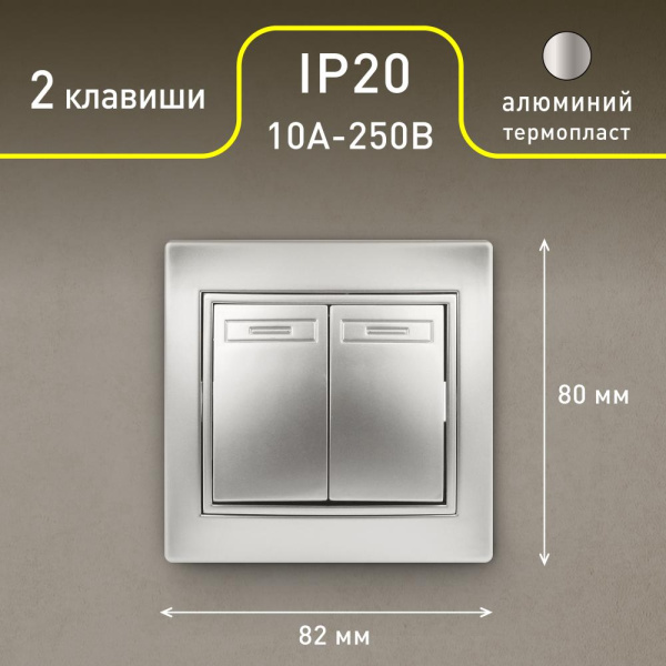 Выключатель Intro Plano 1-104-03 двухклавишный, 10А-250В, IP20, СУ, Plano, алюминий