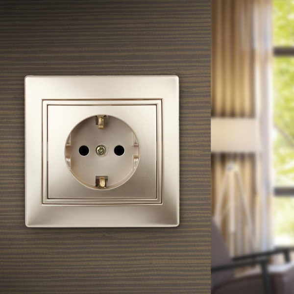 Розетка Intro Plano 1-202-04 с заземлением 2P+E Schuko, 16А-250В, IP20, СУ, шампань