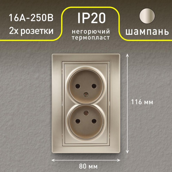 Розетка Intro Plano 1-204-04 без заземления двойная 2х2P, 16А-250В, IP20, СУ, Plano, шампань
