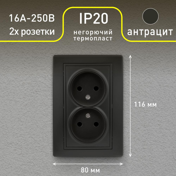 Розетка Intro Plano 1-204-05 без заземления двойная 2х2P, 16А-250В, IP20, СУ, антрацит