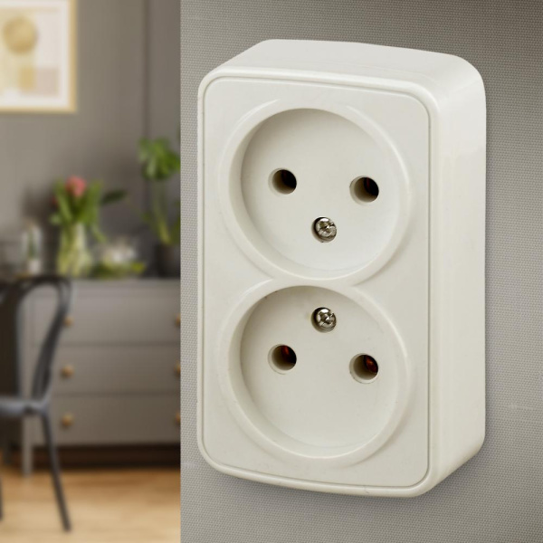 Розетка Intro Polo 3-203-02 без заземления двойная 2х2P, 16A-250В, IP20, ОУ, слоновая кость