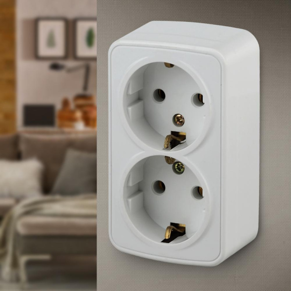 Розетка Intro Polo 3-204-01 двойная с заземлением 2х2P+E Schuko, 16A-250В, IP20, ОУ, Polo, белый