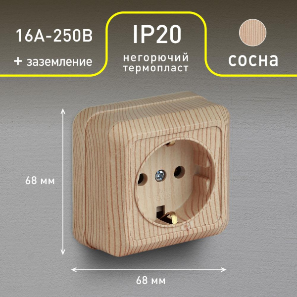 Розетка Intro Quadro 2-202-11 с заземлением 2P+E Schuko, 16А-250В, IP20, ОУ, сосна