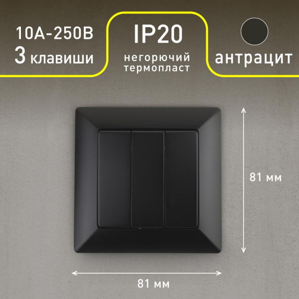 Выключатель Intro Solo 4-106-05 трехклавишный 10А-250В, IP20, СУ, антрацит