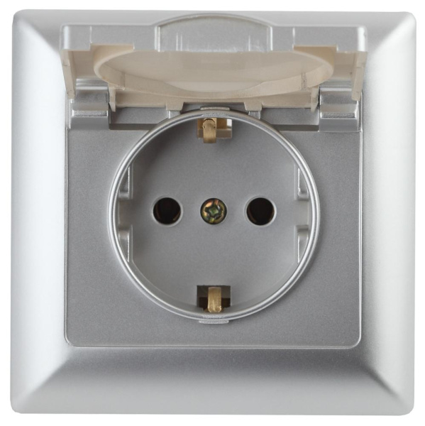 Розетка Intro Solo 4-203-03 с заземлением 2P+E Schuko с крышкой, 16А-250В, IP20, СУ, алюминий