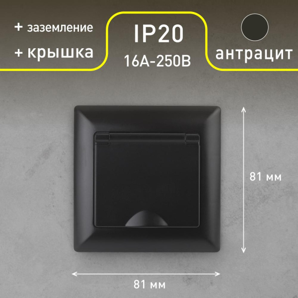 Розетка Intro Solo 4-203-05 с заземлением 2P+E Schuko с крышкой, 16А-250В, IP20, СУ, антрацит