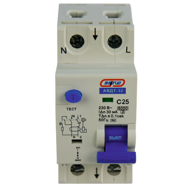 Дифференциальный автомат АВДТ-32 1P+N 25А (С) 30мА (AC) 6кА ЭНЕРГИЯ