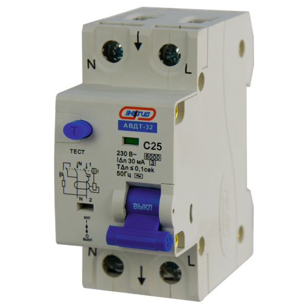 Дифференциальный автомат АВДТ-32 1P+N 25А (С) 30мА (AC) 6кА ЭНЕРГИЯ