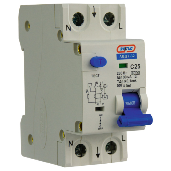 Дифференциальный автомат АВДТ-32 1P+N 25А (С) 30мА (AC) 6кА ЭНЕРГИЯ